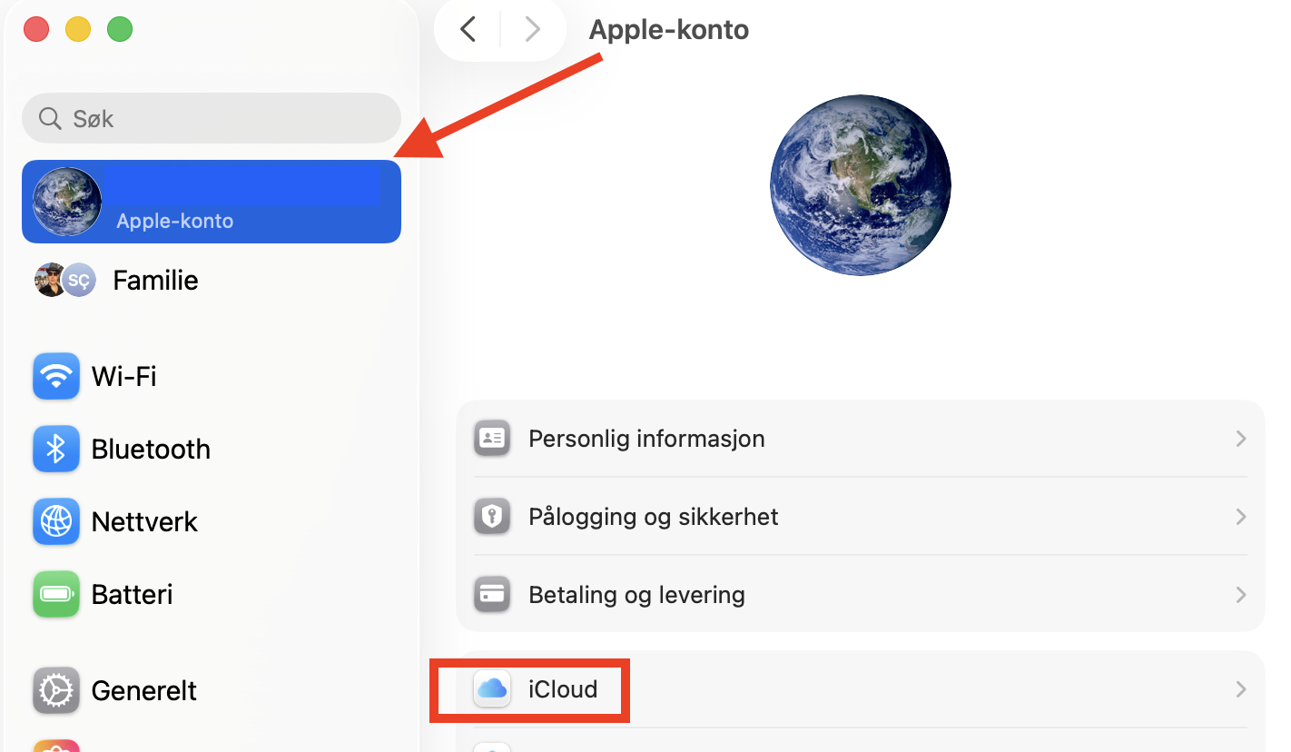 Apple-ID-menyen i Systeminnstillinger på Mac. Du kan optimalisere Mac-lagringen for å frigjøre plass direkte fra iCloud-menyen.