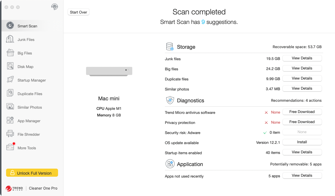 Resultados do teste de limpeza do Cleaner One Pro, com a lista de recomendações fornecidas ao usuário após a conclusão.