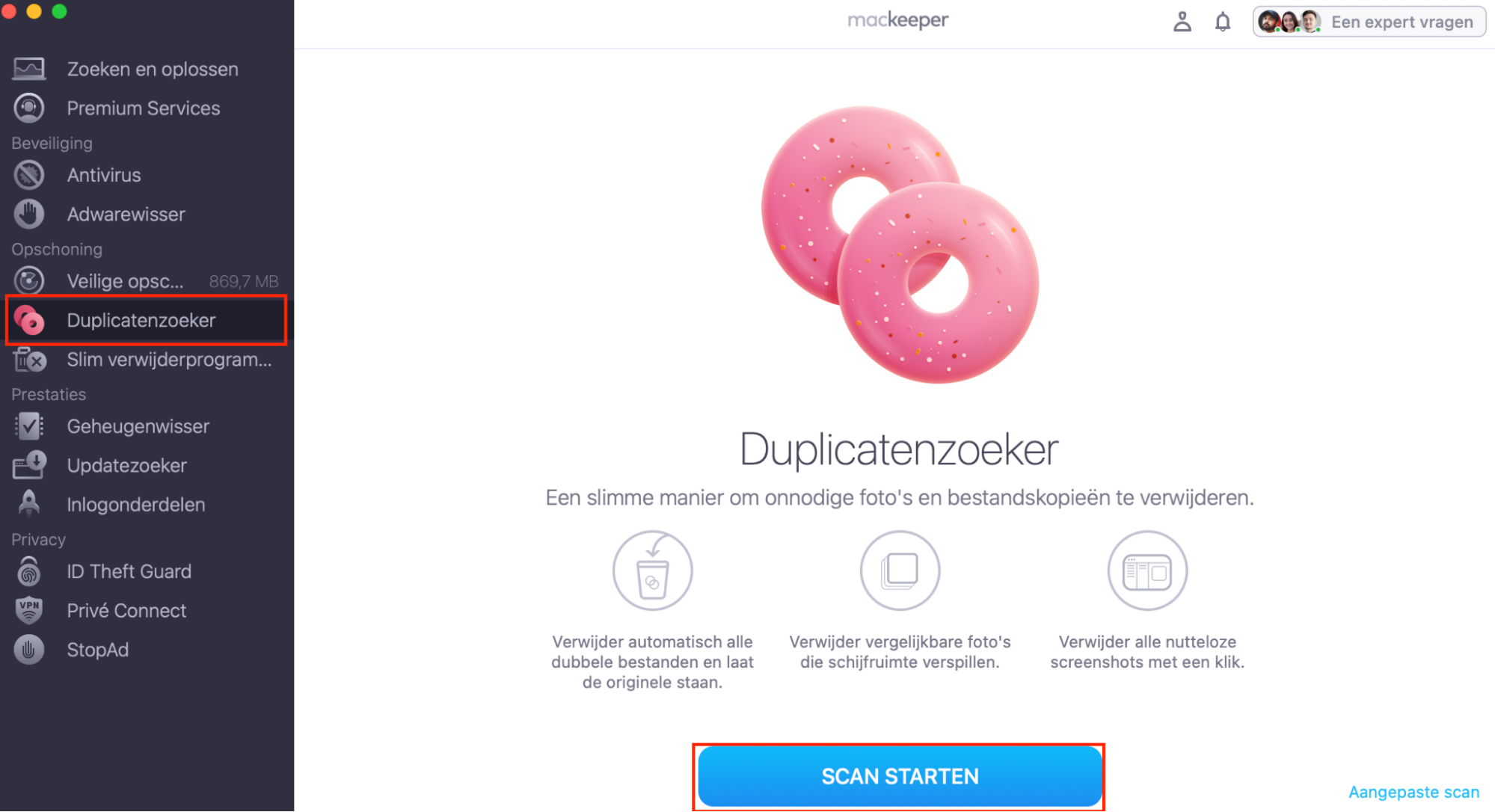 De functie Duplicatenzoeker van MacKeeper is een uitstekende tool om onnodige kopieën van bestanden te verwijderen en meer ruimte op je Mac te creëren. Om deze te gebruiken, open je de MacKeeper-app, selecteer je Duplicatenzoeker en klik je op ‘Scan starten’.