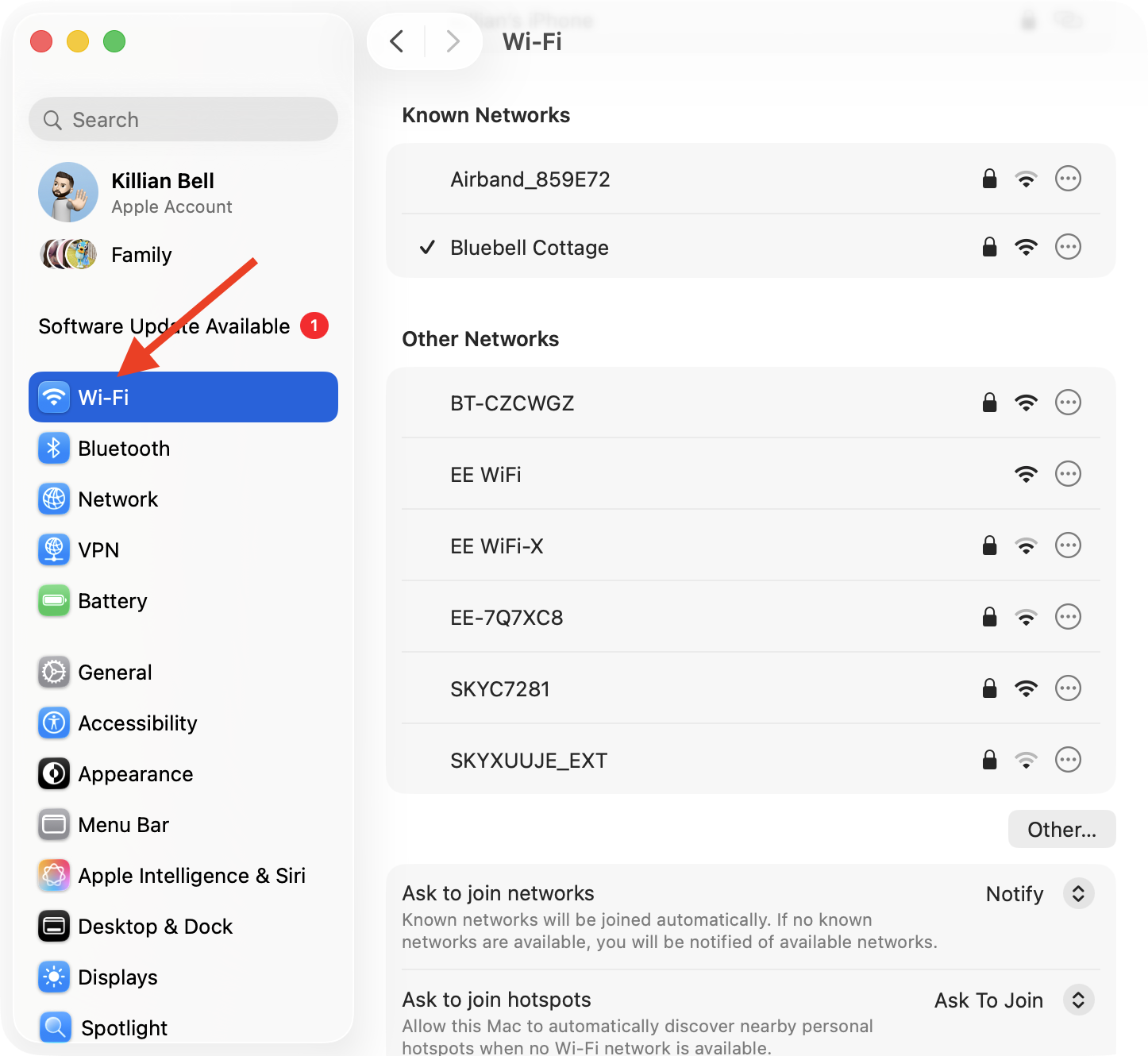 The Wi-Fi menu inside System Settings on Mac. Check your internet connection to confirm it's stable when you see the Exchange password required issue on Mac.