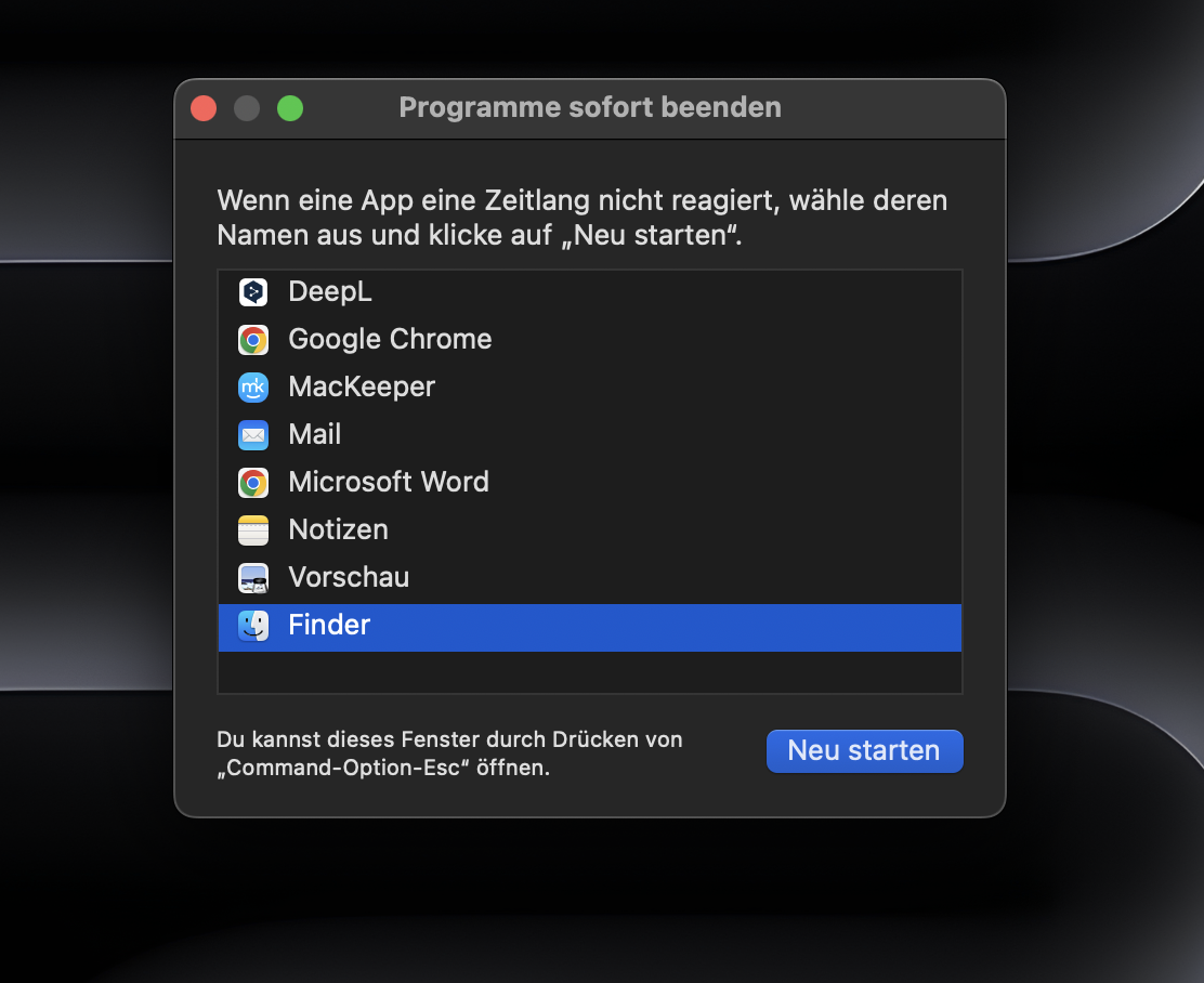 Um Ihre Desktop-Symbole wiederherzustellen, starten Sie den Finder neu und starten Sie Ihren Mac neu. Nachdem Sie in der Menüleiste auf das Apple-Menü geklickt und die Option Sofort beenden ausgewählt haben, klicken Sie auf Finder und dann auf die Schaltfläche Neu starten.