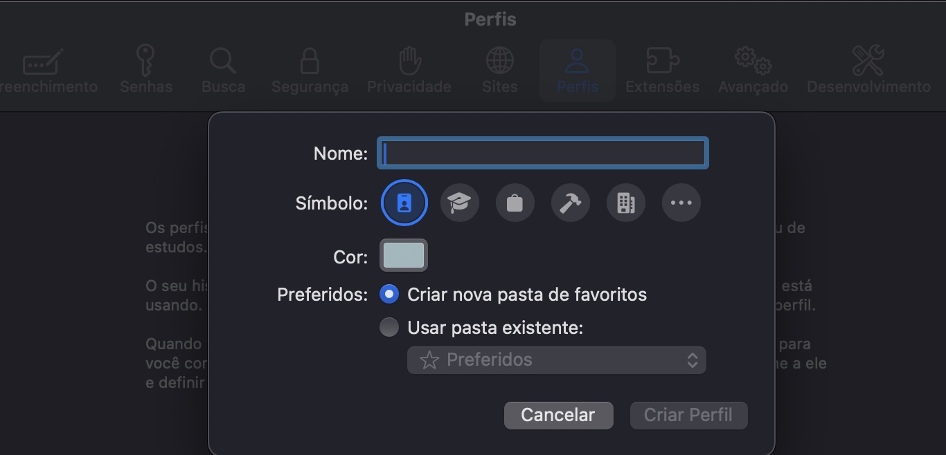 O menu Perfis dentro do Safari no Mac exibindo todos os perfis disponíveis. Crie um novo perfil de usuário.