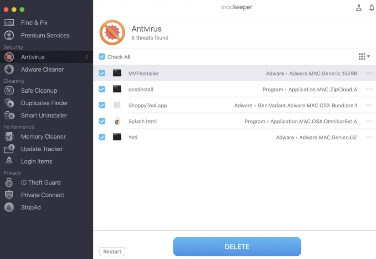 If any hazard is found on your Mac, be quick to click on the Delete button to remove it as soon as possible from your computer.