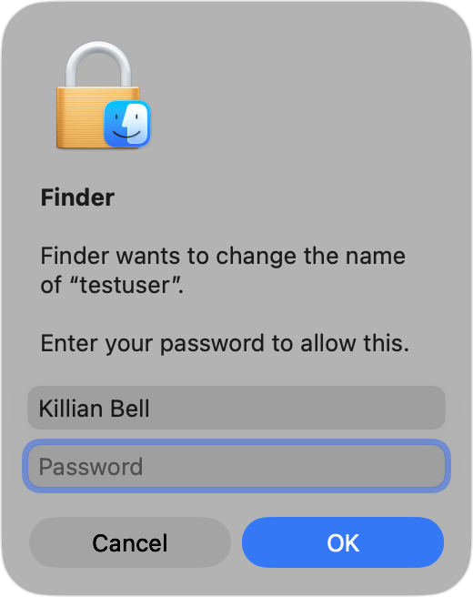 A password prompt that appears after renaming a Users folder on Mac. Do this before you change user name on Mac to avoid potential problems later.
