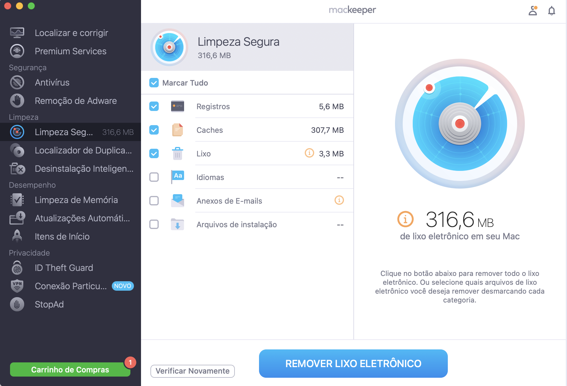 Depois de o seu Mac identificar os vários ficheiros não necessários no seu dispositivo, pode analisá-los. Quando estiver pronto para apagar, clique em Remover Lixo Eletrônico.