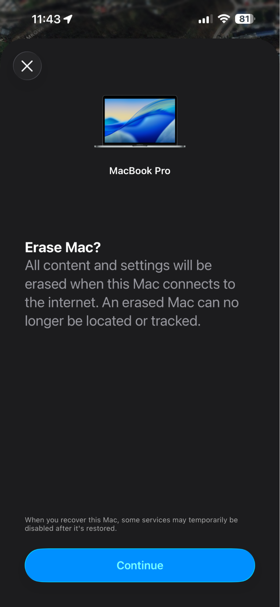 Find My app on an iPhone with the Erase This Device confirmation and Continue button to remotely wipe a Mac desktop tied to your Apple ID.