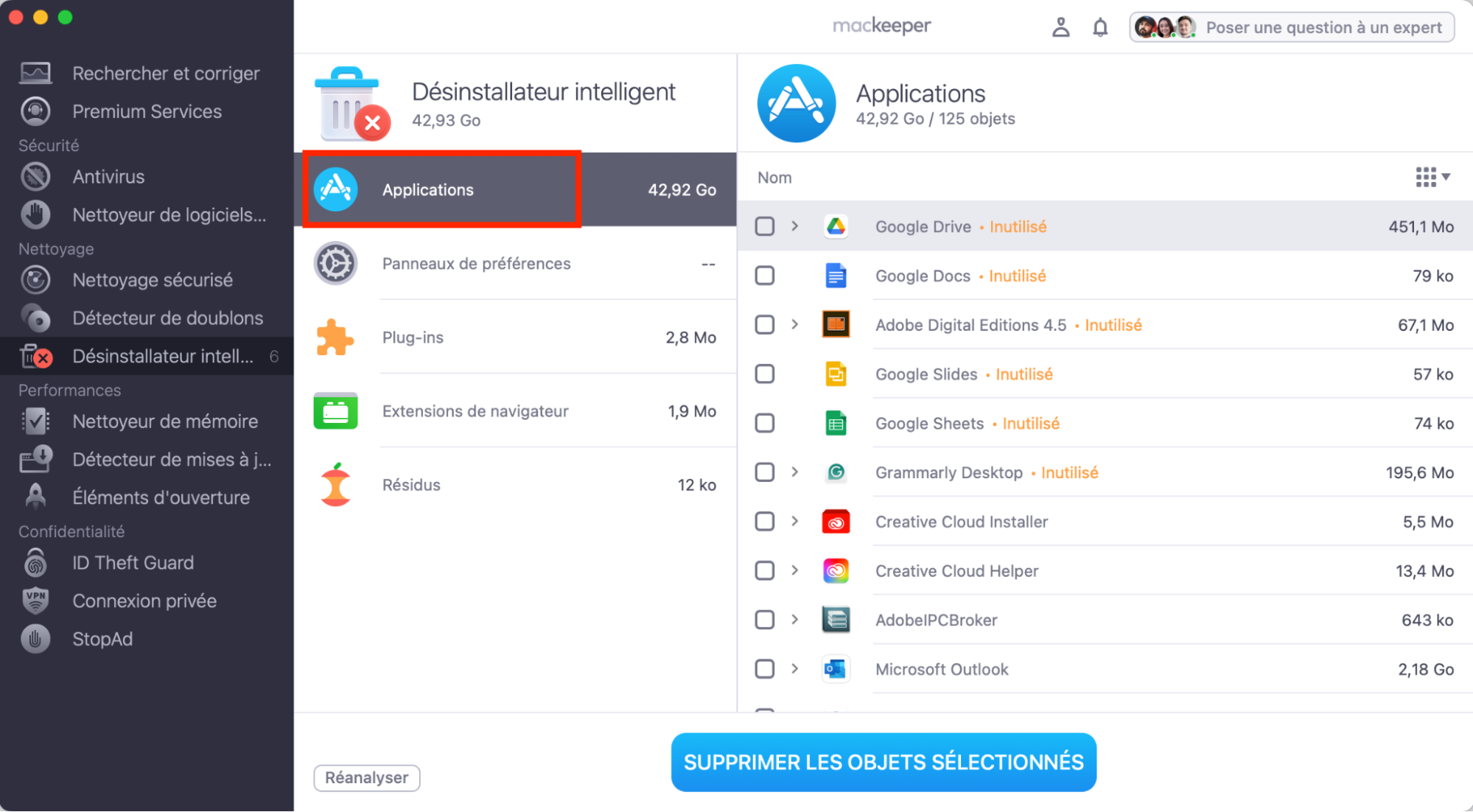 Le Désinstallateur intelligent de MacKeeper, après une analyse. L’onglet Applications est mis en surbrillance. Comment supprimer des applications : guide pour bloquer les fausses alertes McAfee sur Mac.