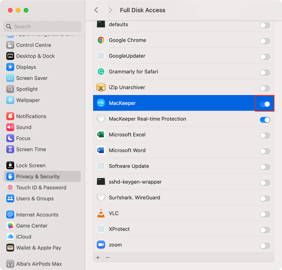 To give an app full disk access on a Mac, make sure the toggle next to it is on.