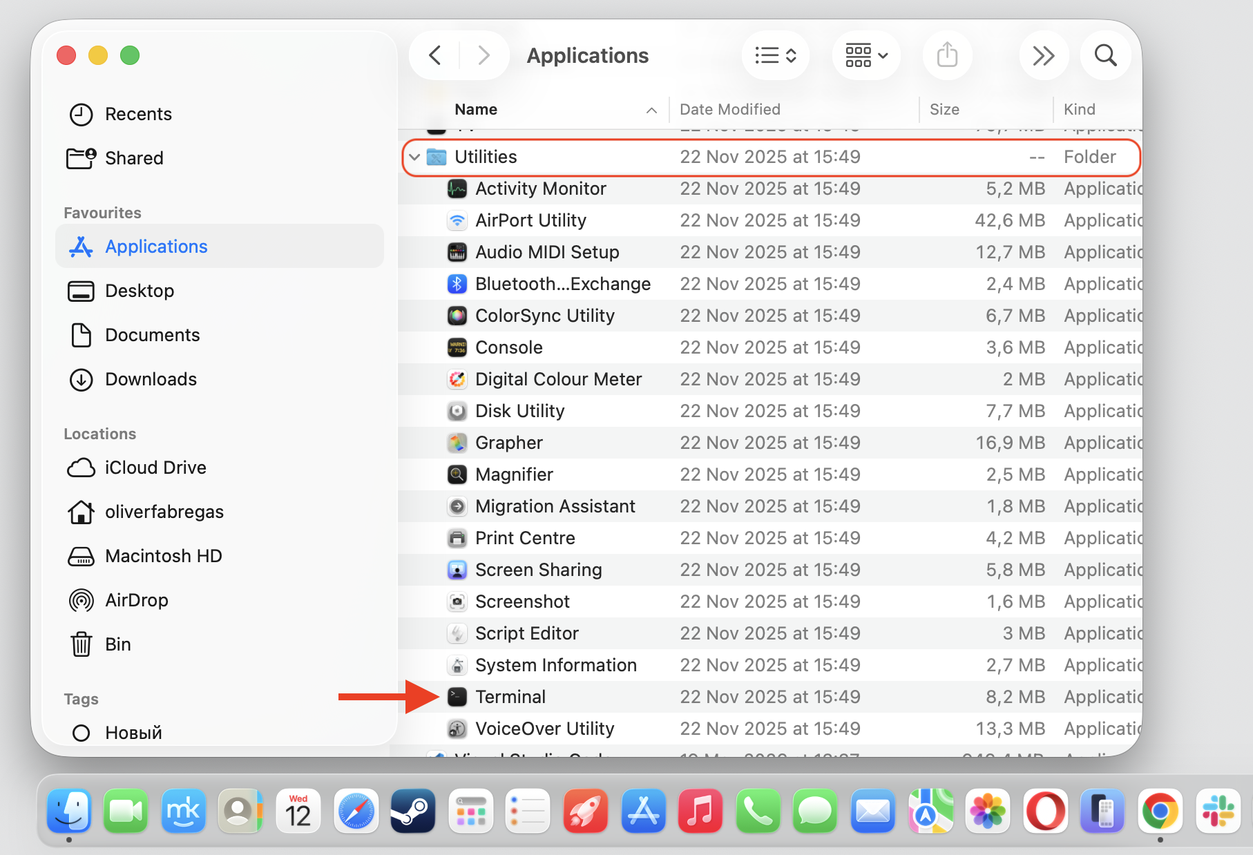Finder's Utilities folder on an Apple device with Terminal selected, opening it to reset the clipboard services behind the pboard error.
