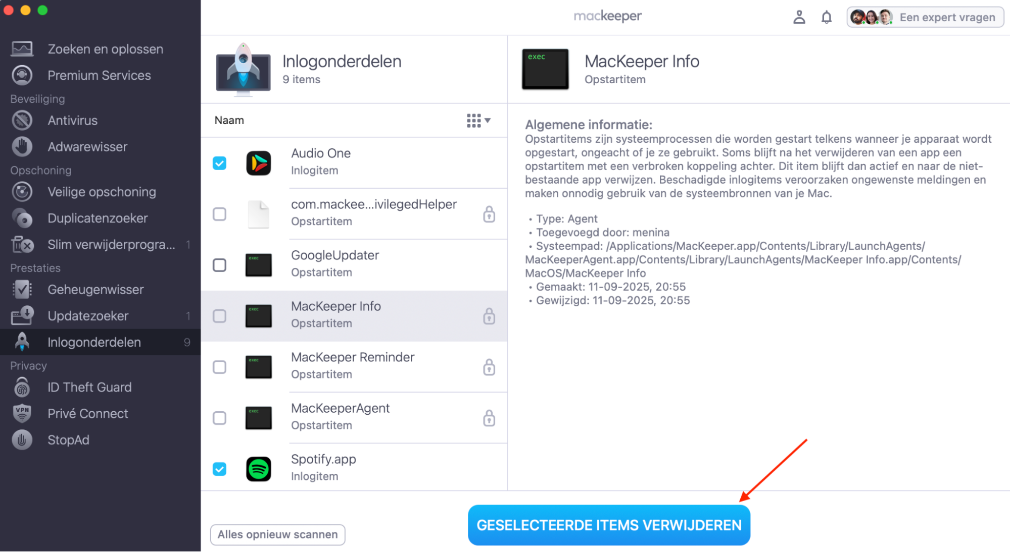 MacKeeper op de Mac toont de Inlogonderdelen-tool. Nadat je de apps hebt geselecteerd die je niet automatisch bij het opstarten wilt uitvoeren, klik je op Geselecteerde onderdelen verwijderen.