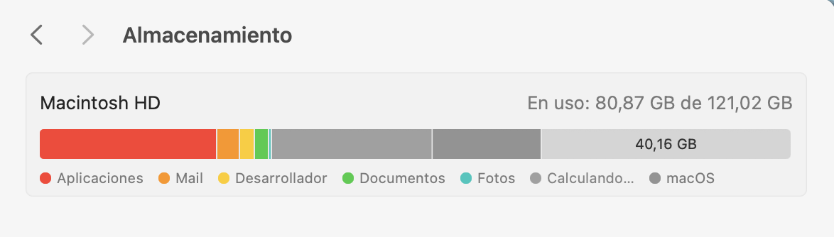 Aquí encontrarás una representación visual del uso de tu almacenamiento y detalles sobre el espacio disponible en tu Mac.