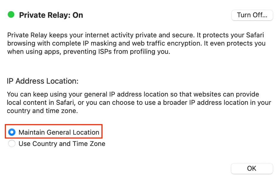 To fix any issues with iCloud Private Address on your Mac, turn on the Safari privacy feature and select Maintain General Location.