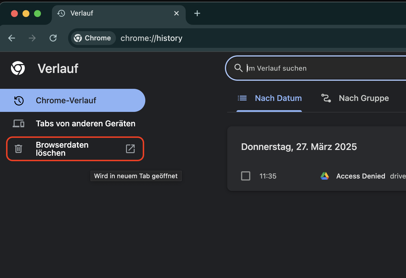 Wählen Sie im neu geöffneten Menü die Option Browserdaten löschen.