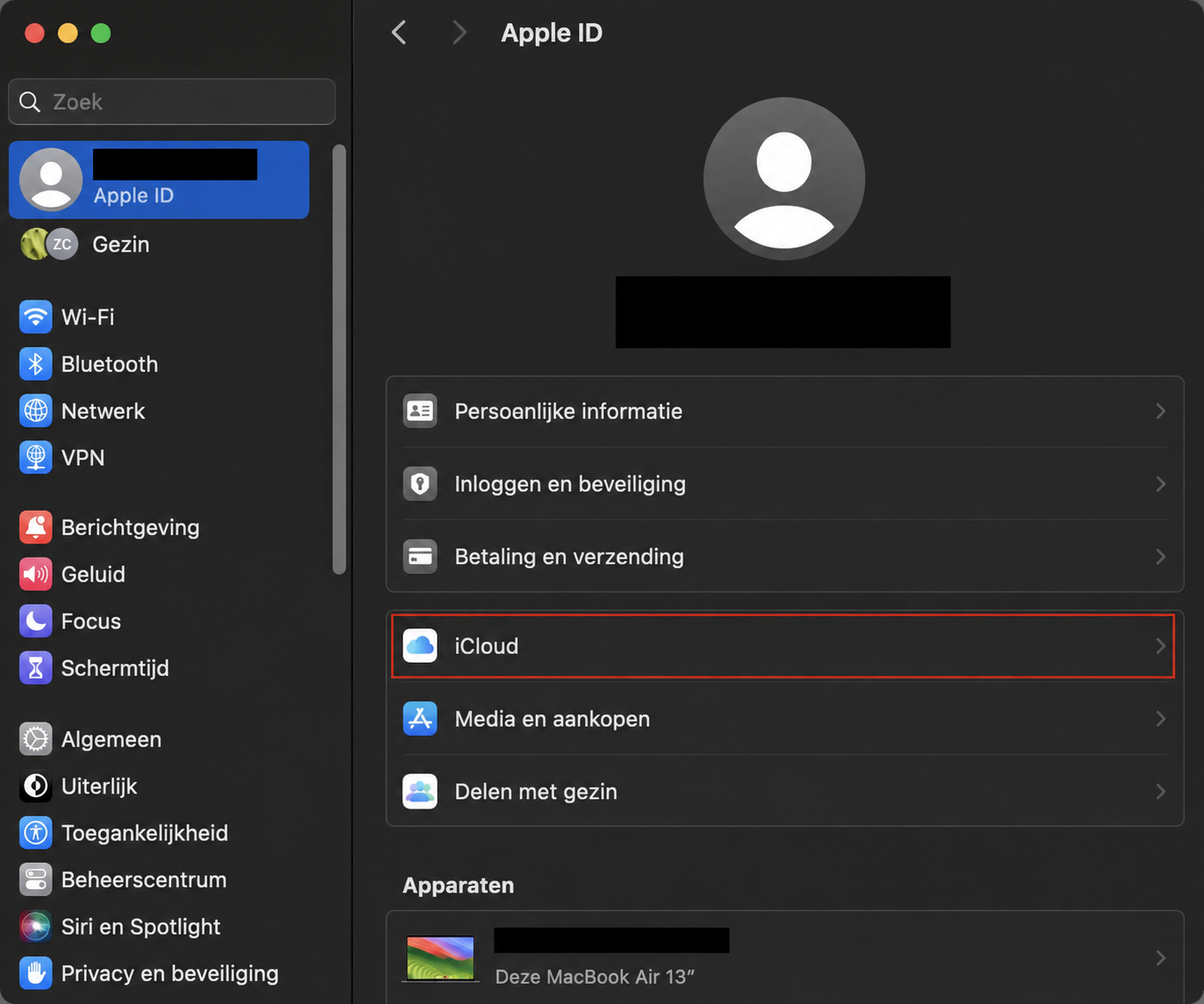 Als iCloud Drive neemt te veel opslag in op de Mac, schakel je Geoptimaliseerde opslag in door op iCloud te klikken in de Apple ID-instellingen.