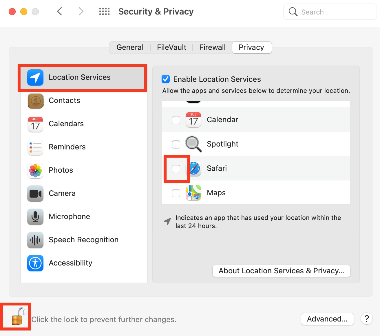 Location Services settings are opened on a Mac. Uncheck the box next to Safari to disable Safari location from MacBook’s System Preferences.