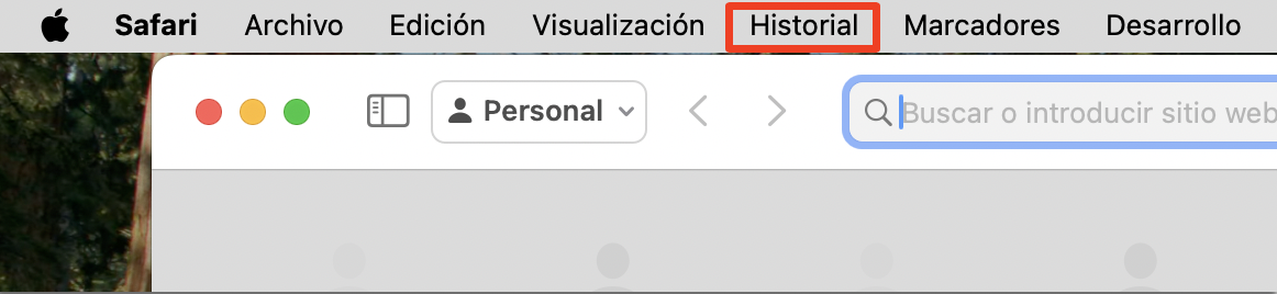 Busca el menú superior de tu Safari y haz clic en Historial. Busca el menú superior de tu Safari y haz clic en Historial.
