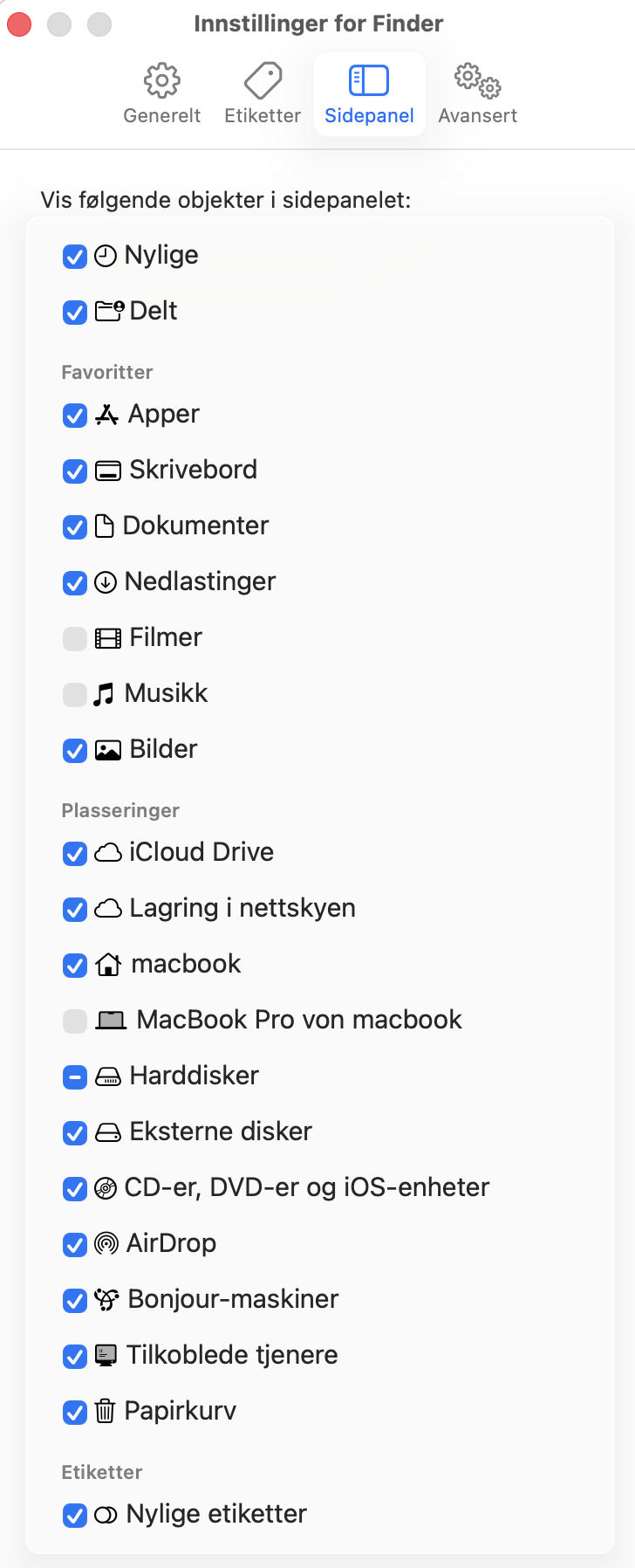 Gå deretter til avsnittet Sidepanel, og kontroller igjen at 'Eksterne disker' er merket av under 'Vis disse elementene i sidepanelet'.