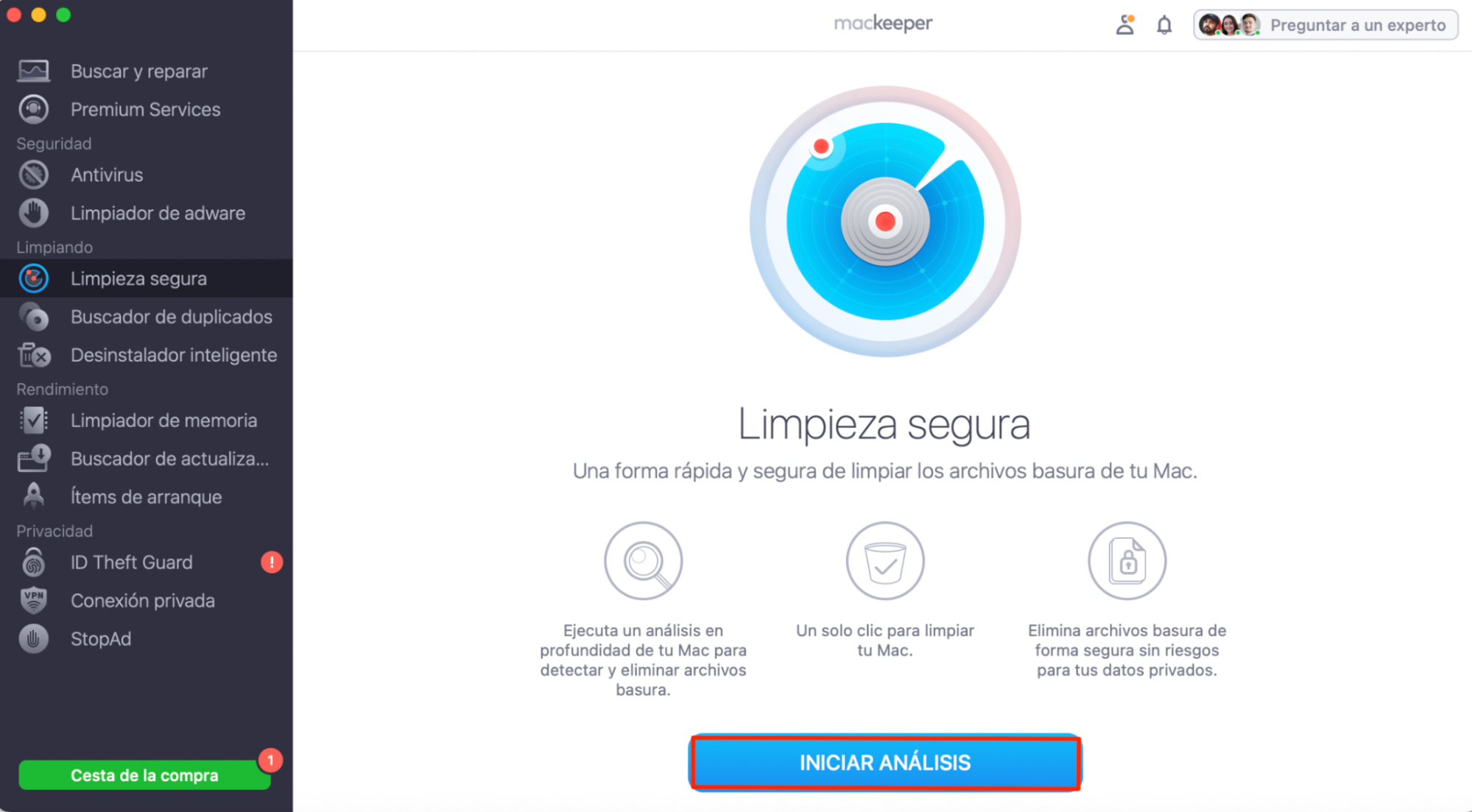 Para liberar espacio en tu Mac, inicia un escaneo con Limpieza Segura de MacKeeper. Esto puede ayudar con el problema de que iCloud Drive ocupa espacio en tu Mac.