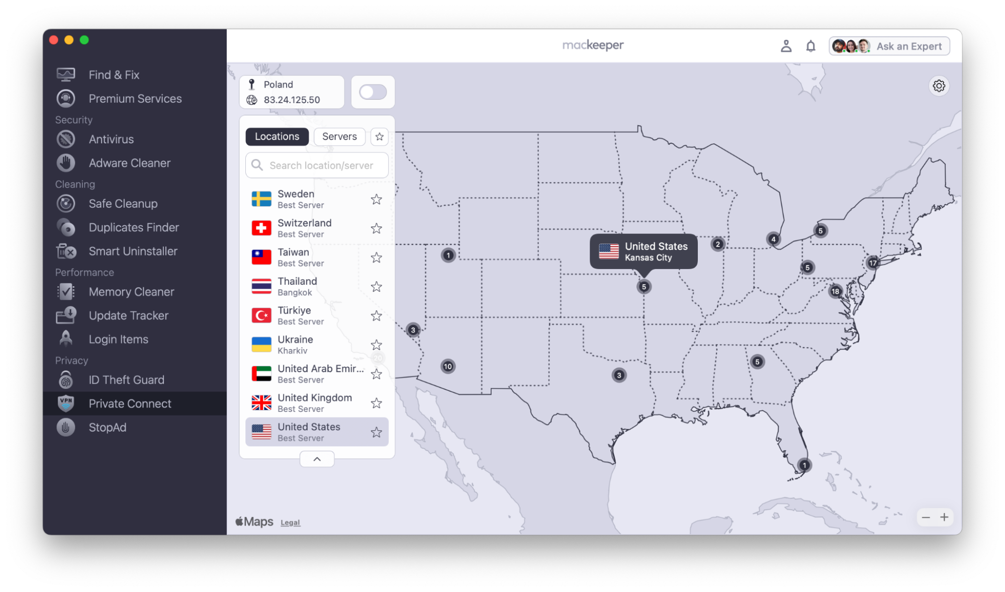The new design of VPN Private Connect appears in MacKeeper 7 on a MacBook. Choose Locations on the left and pick one from the list.