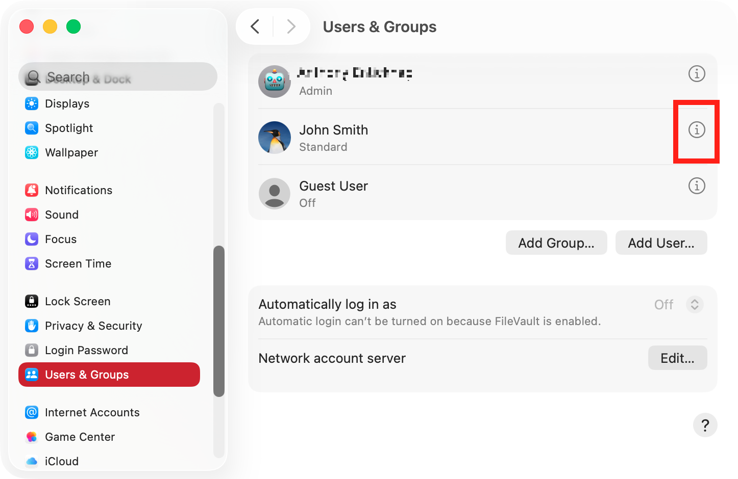 If you have admin rights, you can delete other accounts from your Mac at any time. Open your System Settings, then select Users & Groups from the sidebar. Click the i button next to the user you want to delete.