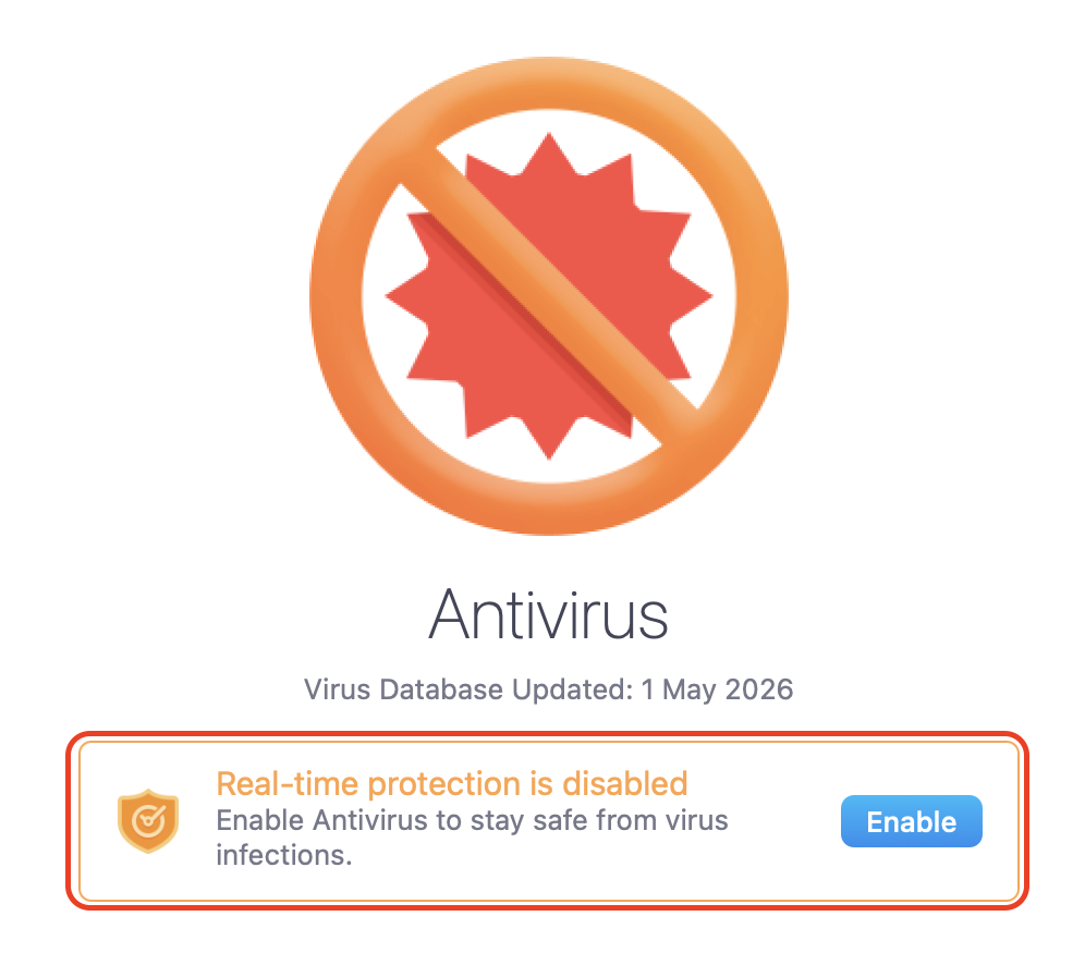 Open MacKeeper, switch Real-Time Protection back on in the Antivirus section, and run a full system scan to verify your Mac is clean of threats.