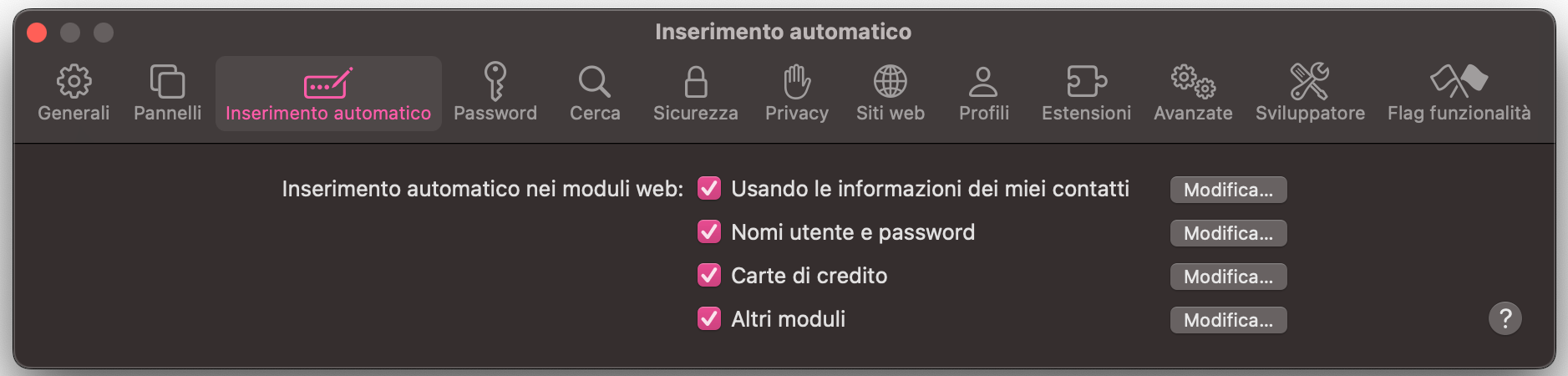 Nelle impostazioni di Safari, vai alla sezione Inserimento automatico, quindi controlla l’elenco dei tipi di dati salvati. Deselezionali per disattivarli oppure clicca su Modifica.