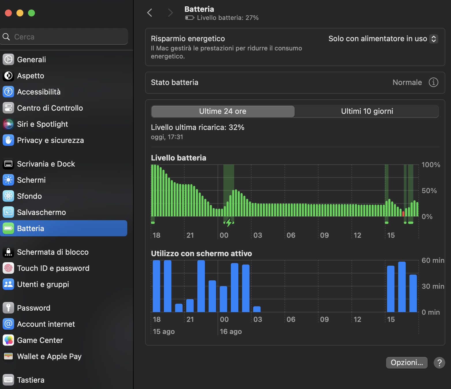 Nelle Impostazioni di sistema puoi modificare il modo in cui il tuo Mac controlla la ricarica, il che può influire sul calore generato dalla batteria.
