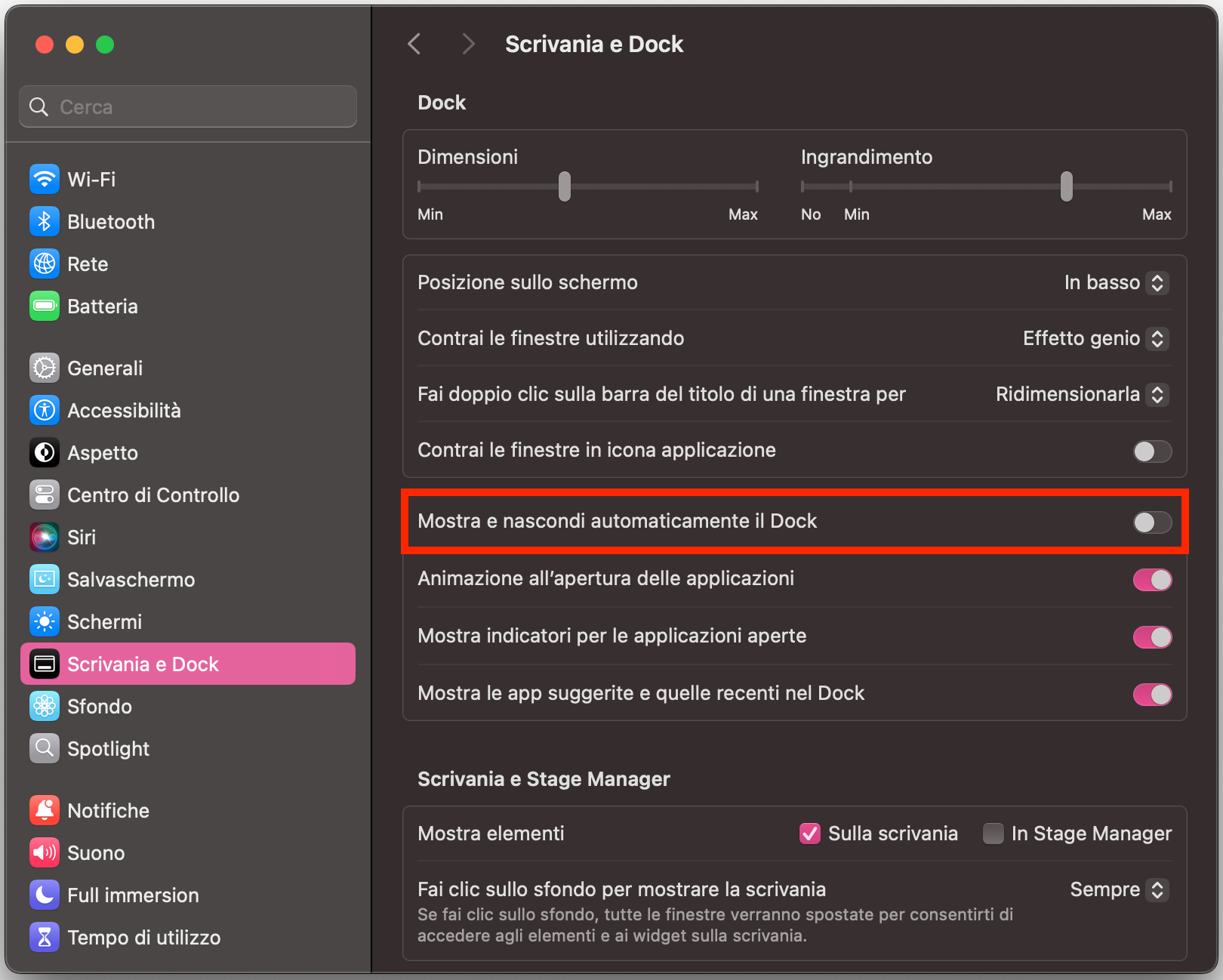 Anche un Dock e una barra dei menu scomparsi possono essere ripristinati. Per farlo, disattiva Mostra e nascondi automaticamente il Dock, poi scorri verso il basso e deseleziona Mostra e nascondi automaticamente la barra dei menu.