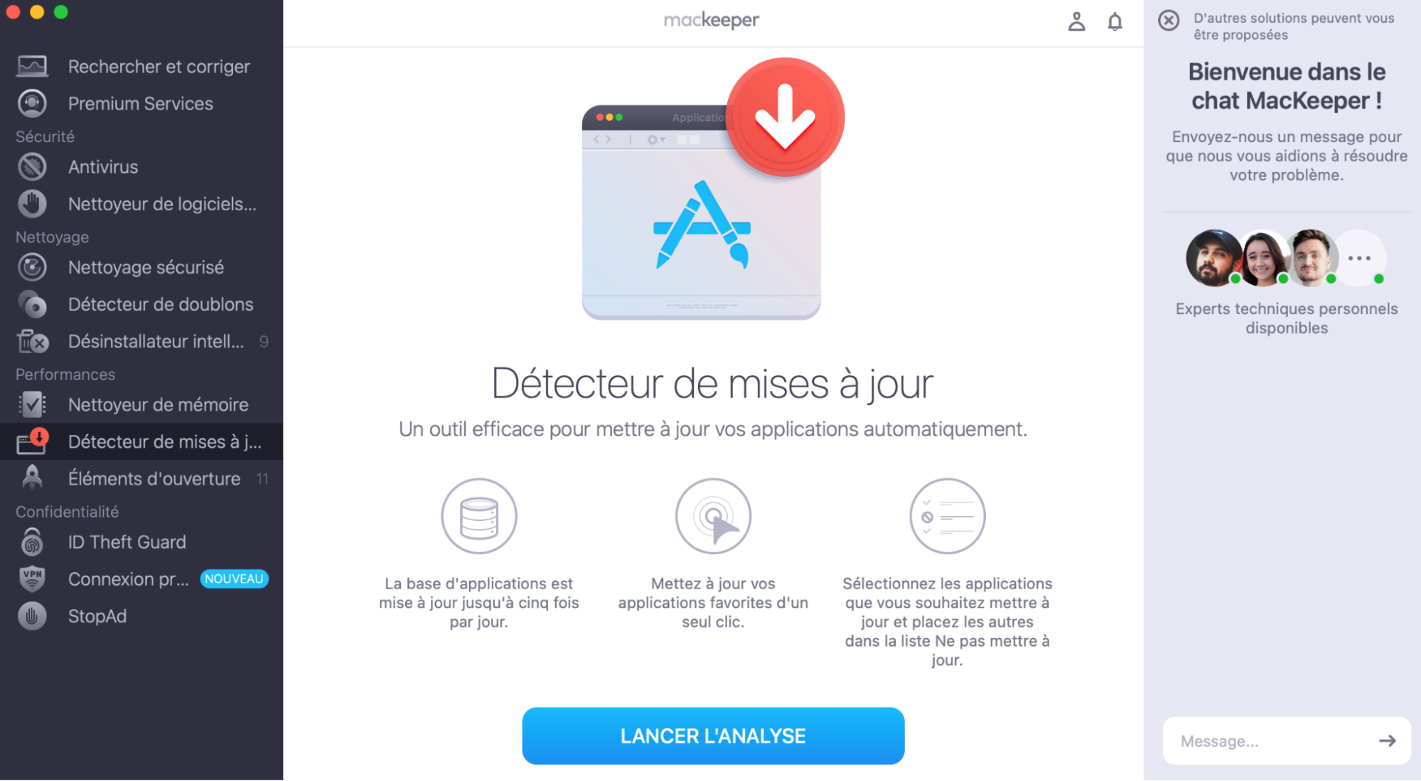 Pour gérer les mises à jour de vos applications, lancez MacKeeper et sélectionnez le Détecteur de mises à jour dans le menu de gauche, puis cliquez sur Lancer l’analyse.