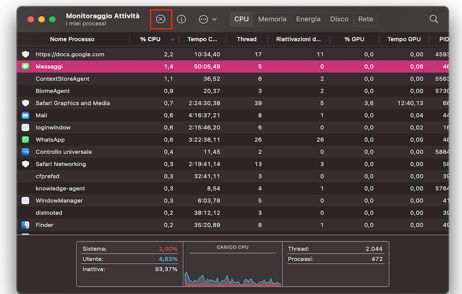 Dopo che l’utente ha scelto il processo da interrompere, deve cliccare sul pulsante X. Quest’ultimo è evidenziato con un riquadro rosso.