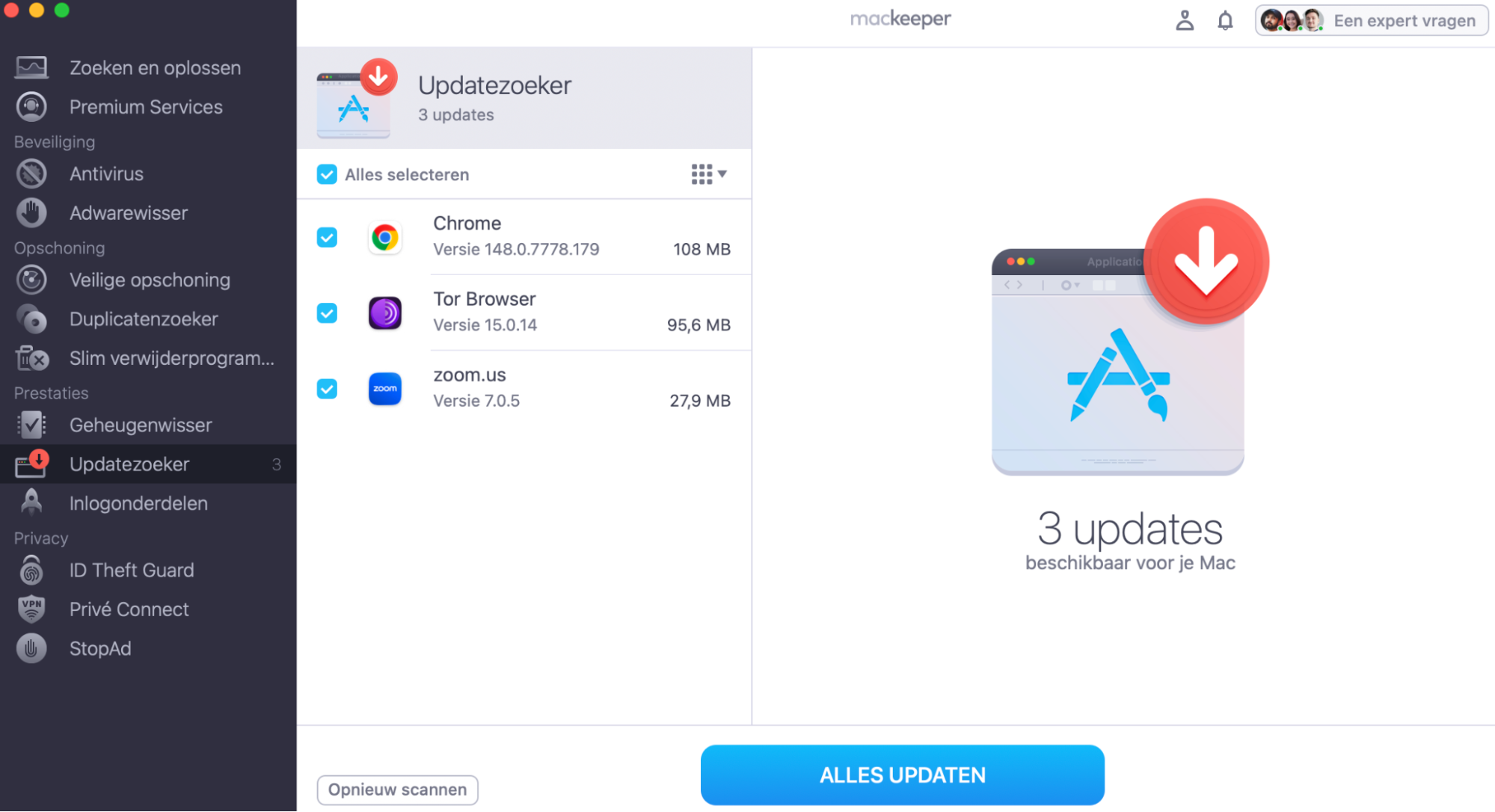 Bekijk de lijst met aanbevolen updates en selecteer de apps die je wilt bijwerken, klik op de knop Bijwerken.