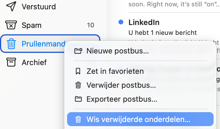 Nadat je de geselecteerde e-mails uit je  postbus hebt verwijderd, is het belangrijk om daarna naar de Prullenmand van Mail te gaan en op Wis verwijderde onderdelen te klikken. Zo worden ze volledig van je systeem verwijderd.