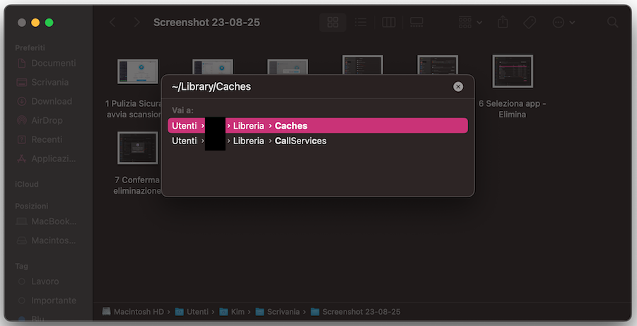 Il Finder su Mac mostra la funzione Vai alla cartella. Inserisci ~/Library/Caches per accedere alla cartella Cache, dove puoi eliminare i file di cache non necessari.