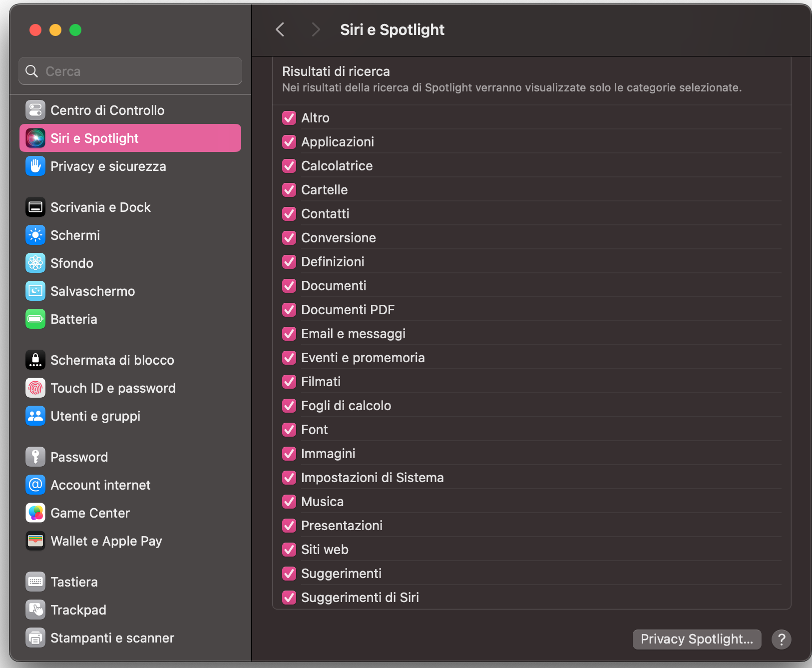 Per ricostruire l’indice di Spotlight e risolvere i problemi con Finder sul tuo Mac, vai su Impostazioni di sistema > Siri e Spotlight. Scorri verso il basso e seleziona Privacy di Spotlight.