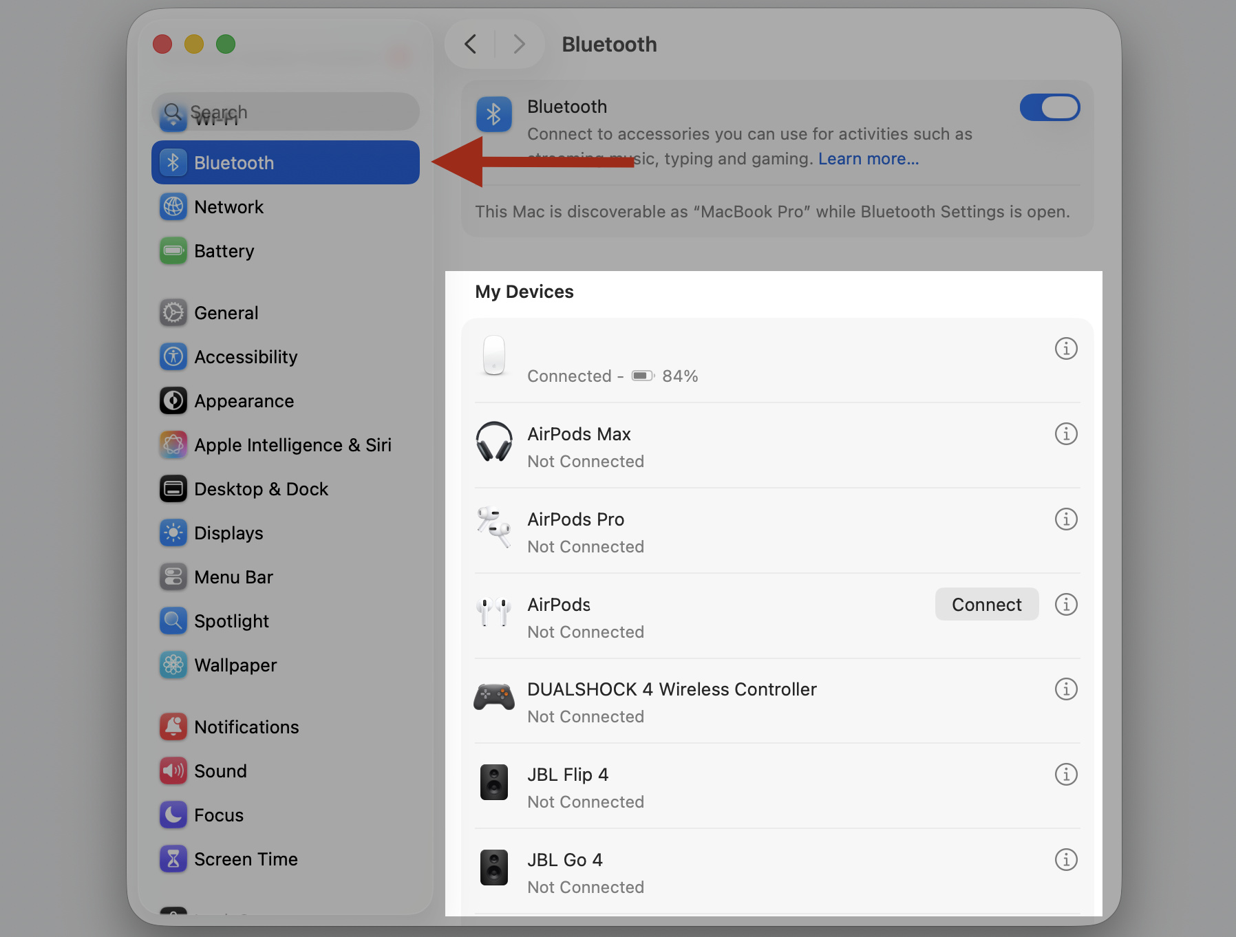 macOS System Settings Bluetooth pane on an Apple computer showing My Devices, where you re-pair a device to fix bluetoothd CPU spikes.