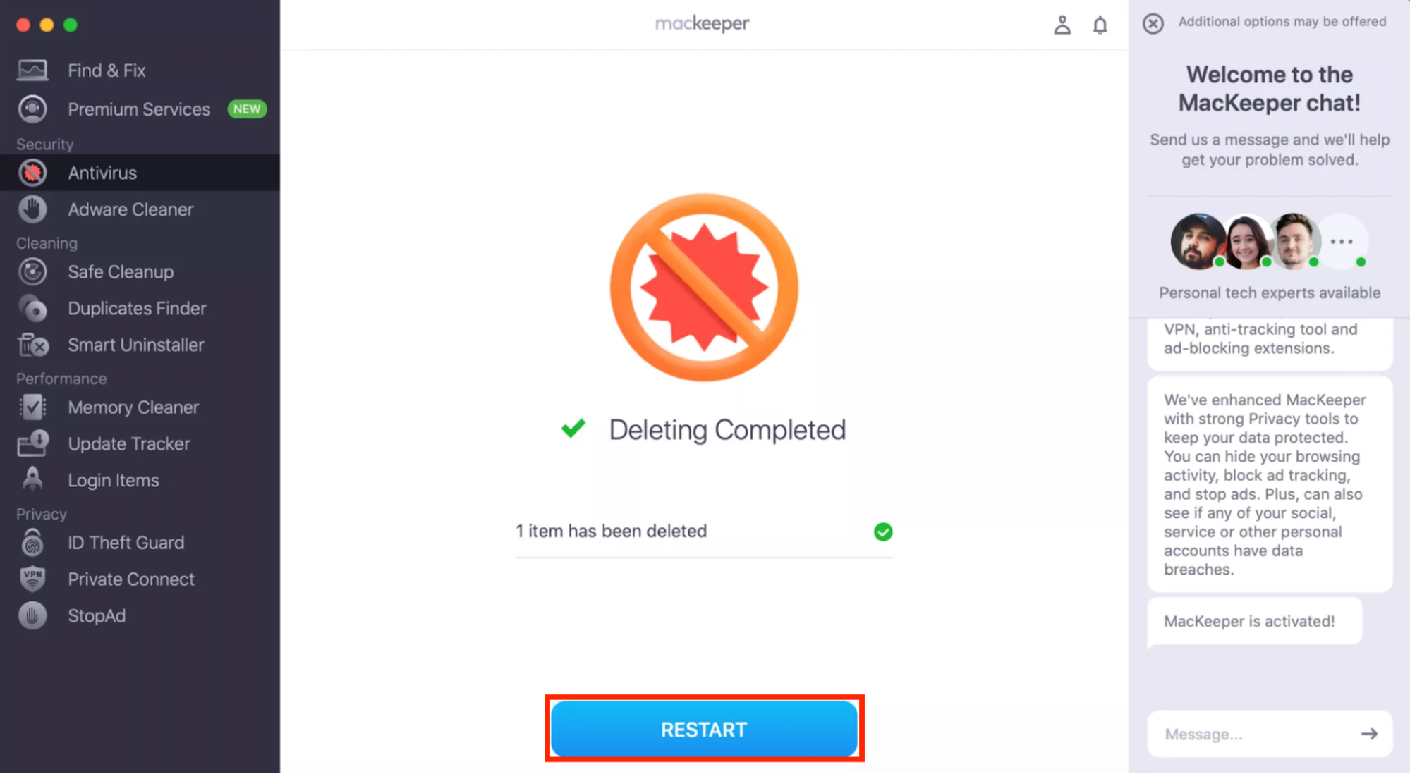 The built-in Antivirus tool in MacKeeper on Mac. If your machine is infected, you can use MacKeeper's Antivirus to find and remove the infections now that Kaspersky is banned in the US