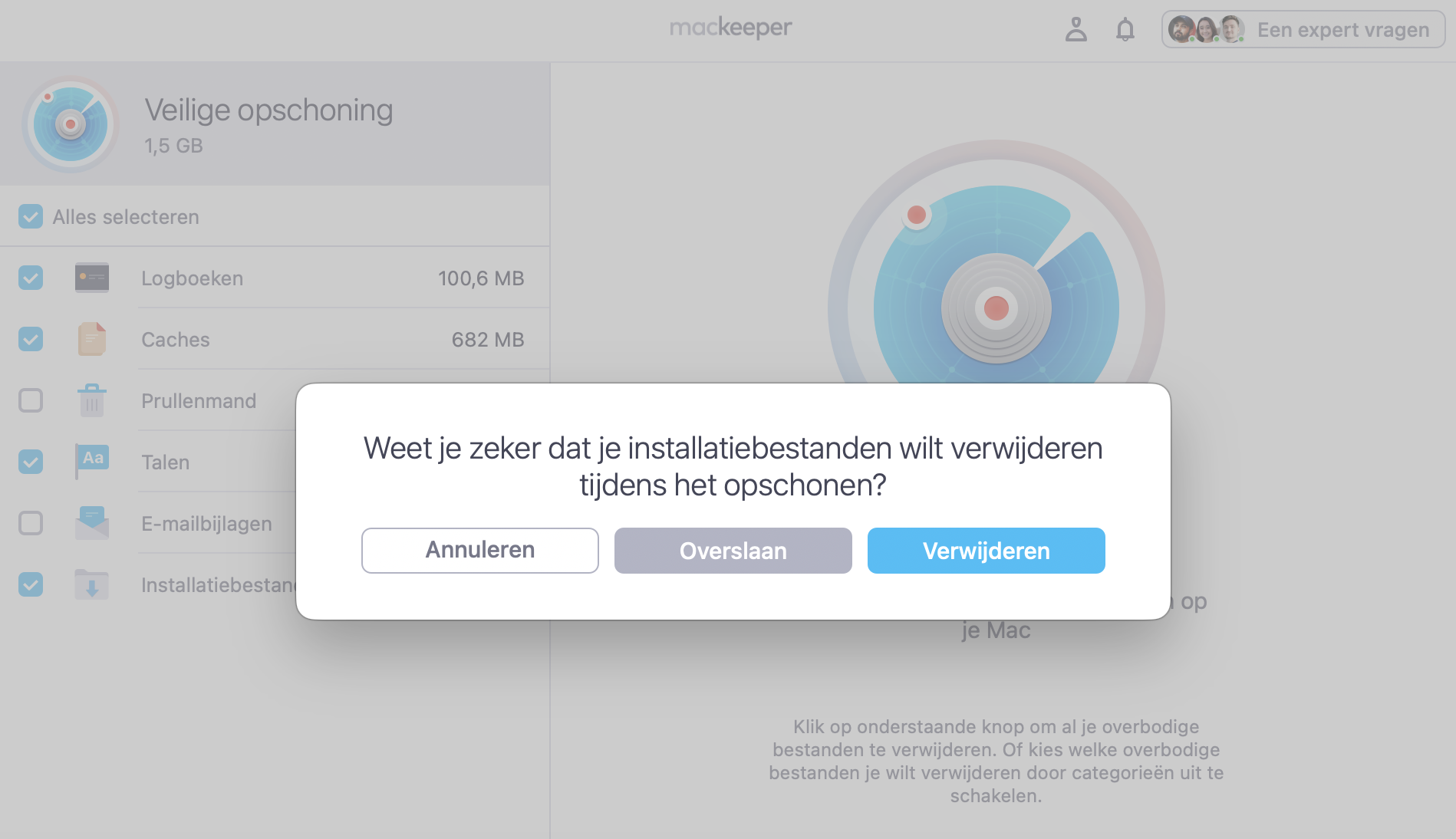 Klik op Verwijderen in het pop-upvenster om de Prullenmand te legen en installatiebestanden te verwijderen. Of klik op Overslaan.