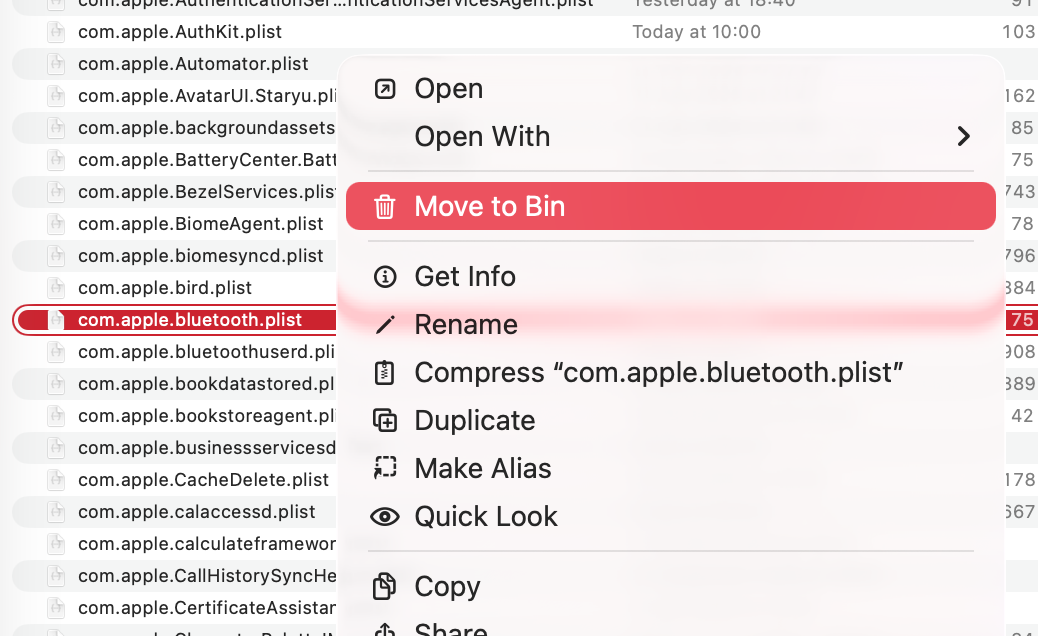 Now look for the 'com.apple.Bluetooth.plist' file in the Libary > Preferences folder. When you find it, delete the file by dragging it your Trash and then emptying the Trash. Restart your macOS Ventura afterwards.