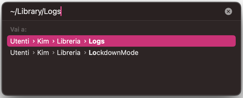 Nella finestra Vai alla cartella, digita ~/Library/Logs e fai clic su Vai per aprire la cartella Logs sul Mac.