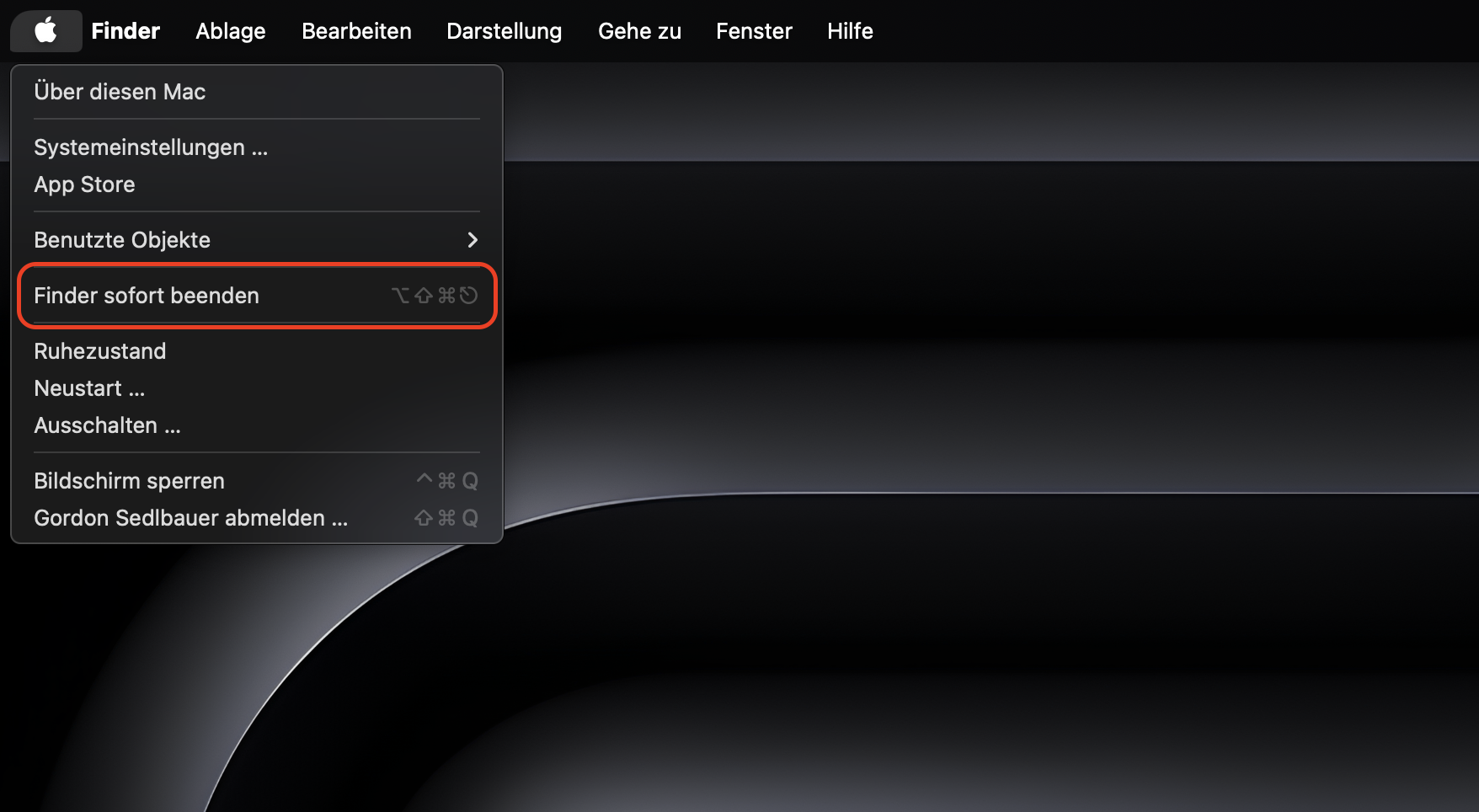 Starten Sie den Finder neu und starten Sie Ihren Mac neu. Dadurch werden alle temporären Störungen im Finder behoben. Klicken Sie dazu auf das Apple-Menü in der Menüleiste und wählen Sie die Option Sofort beenden.