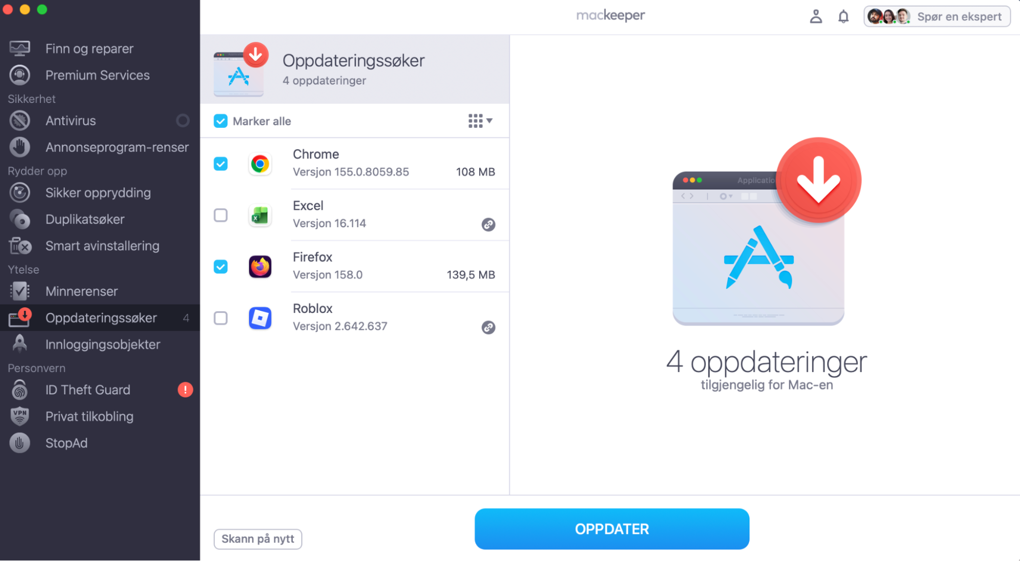 MacKeepers Oppdateringssøker viser en liste over apper som trenger oppdatering. Kryss av for appene du vil oppdatere, og klikk på Oppdater.