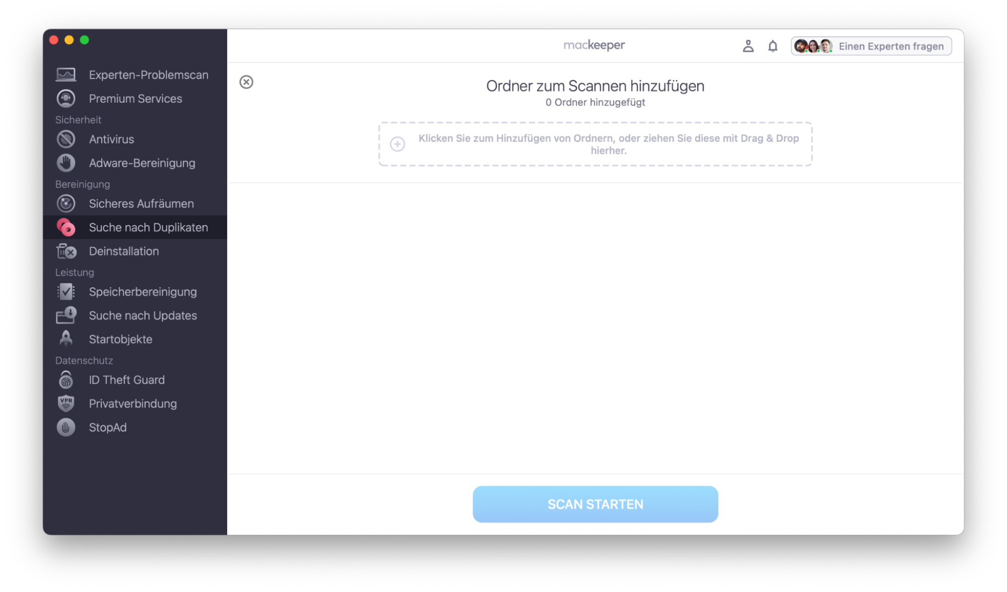 Als zusätzliche Hilfe können Sie einen externen Ordner mit der Funktion Suche nach Duplikaten von MacKeeper scannen.