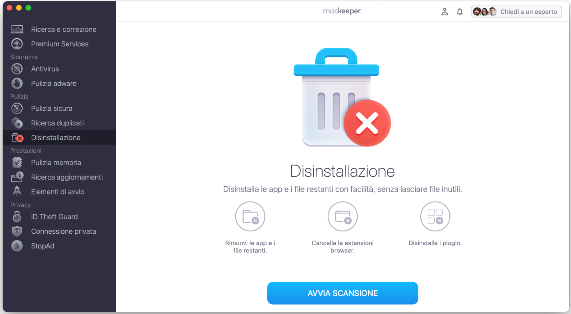 La Disinstallazione di MacKeeper, prima di eseguire una scansione. Come rimuovere software sospetto dal tuo Mac, come parte della guida su come bloccare i falsi pop-up McAfee su Mac.