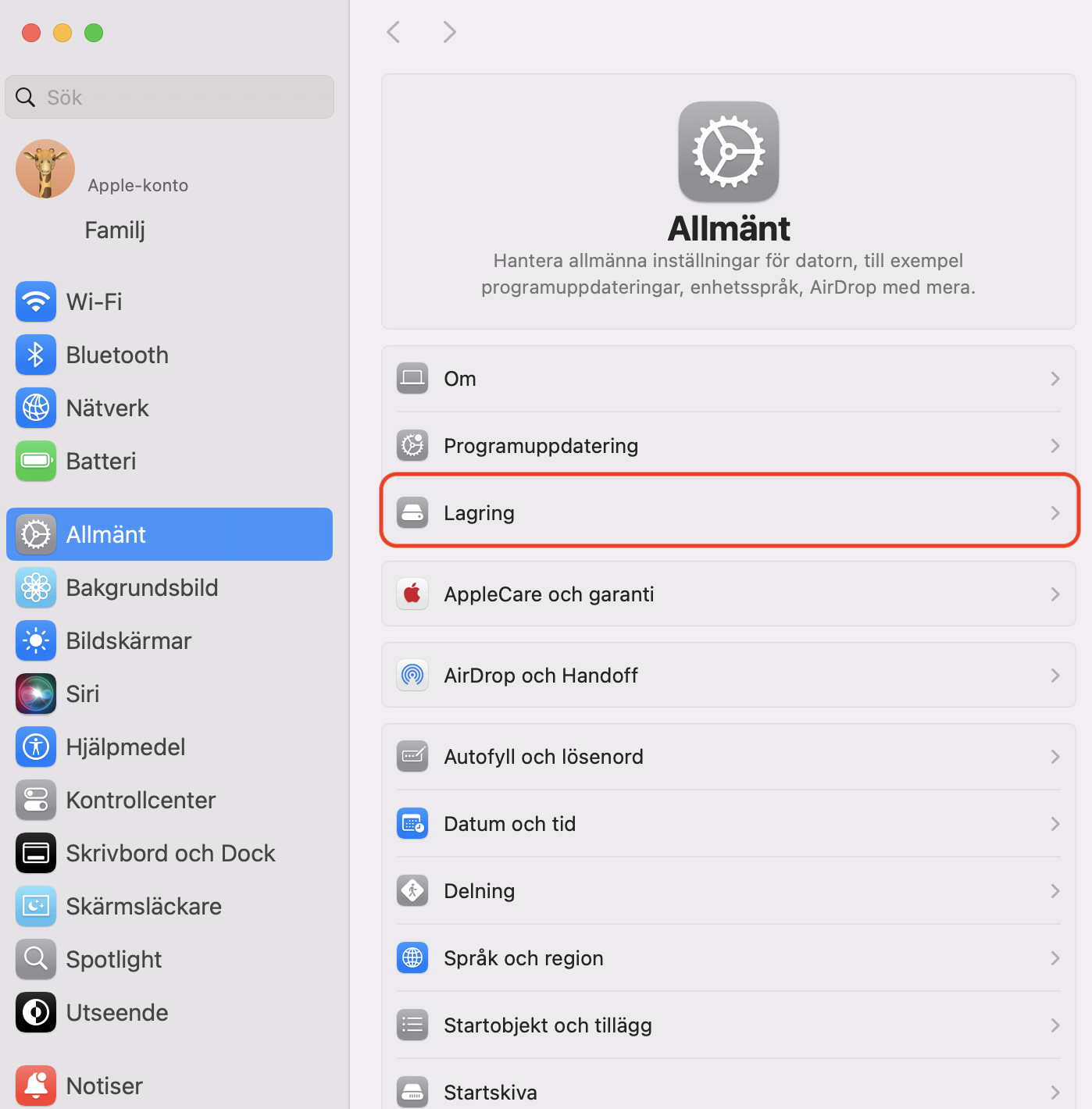 Menyn Allmänt inuti Systeminställningar på Mac. Välj alternativet Lagring för att hantera dina data och frigöra utrymme på Mac.