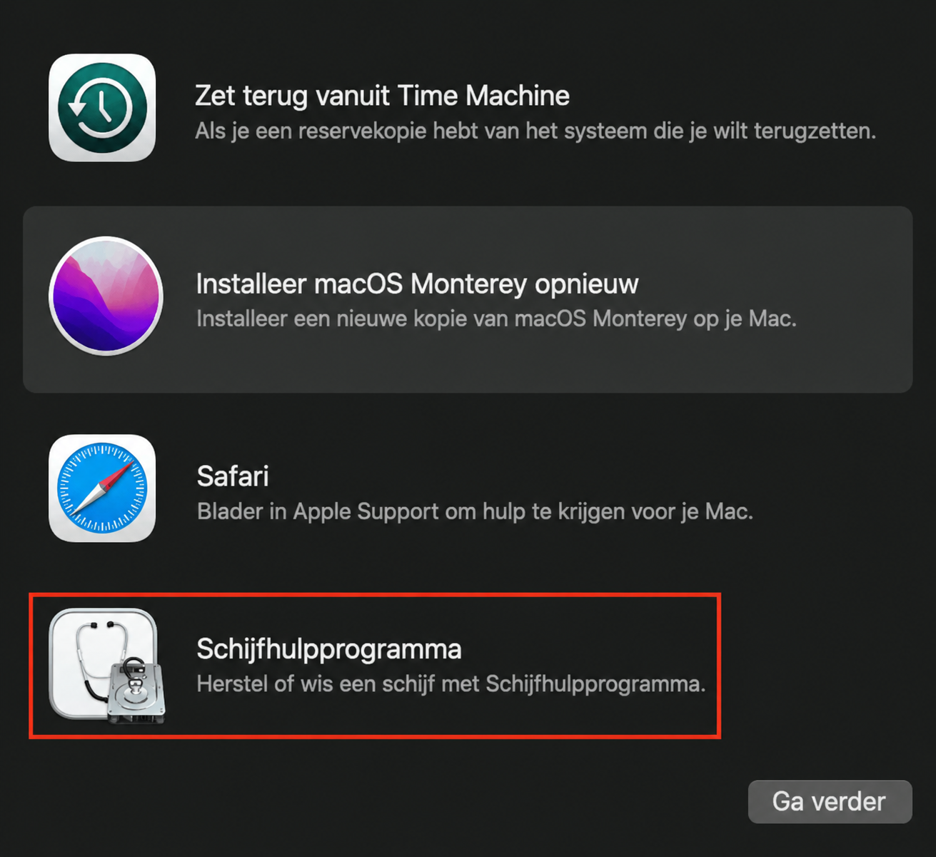 Een lijst met Herstelopties in de Recovery-modus van macOS op een Mac. Je kunt schijfbevoegdheden herstellen door Schijfhulpprogramma te selecteren en op Doorgaan te klikken.