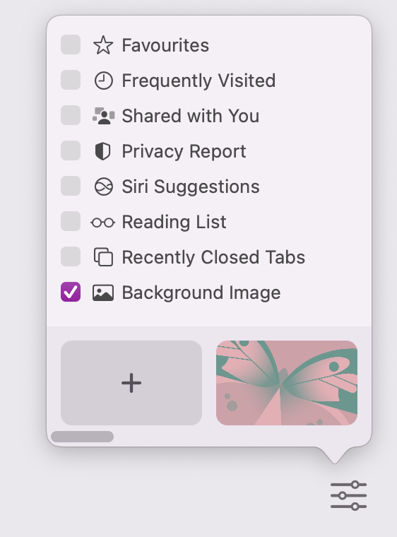 Once you press on the three-line icon, this pop-up box will appear. Tick the Background Image option and look though the pre-made options. You can also click on + to find your image saved on your MacBook to apply to safari's background.