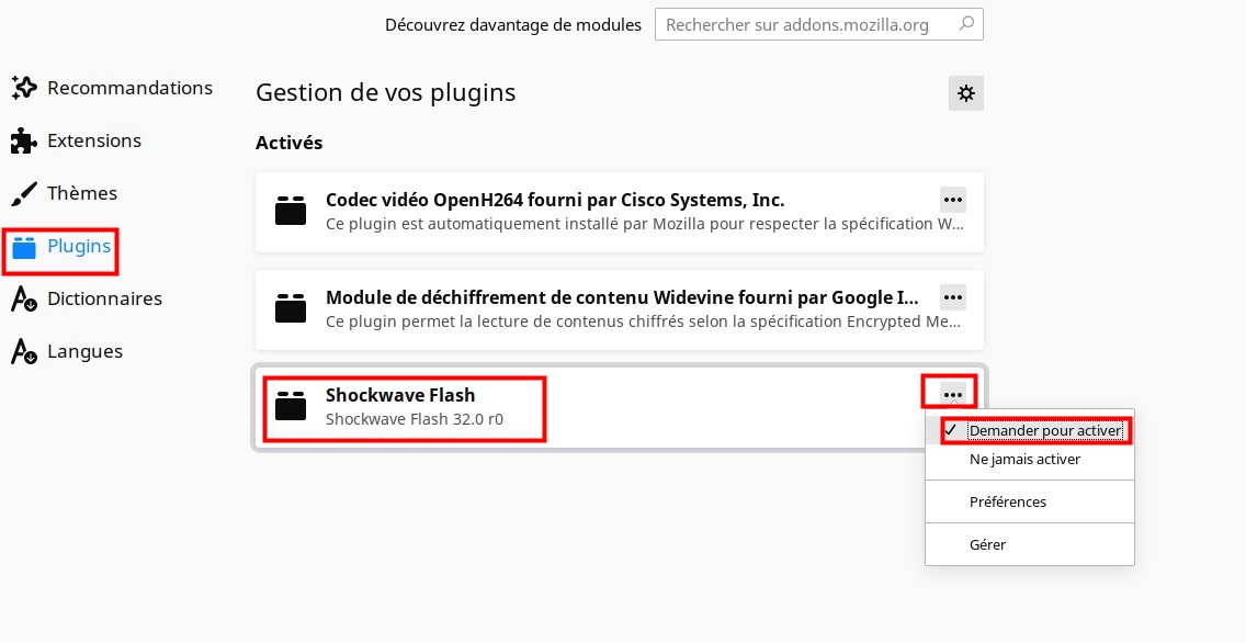 Dans Plugins, vous verrez une liste de toutes les extensions installées sur votre ordinateur. Pour activer Flash Player, cliquez sur l’option Demander pour activer, à côté de Shockwave Flash. Vous pourrez alors visionner en ligne du contenu requérant Flash sans le moindre problème.