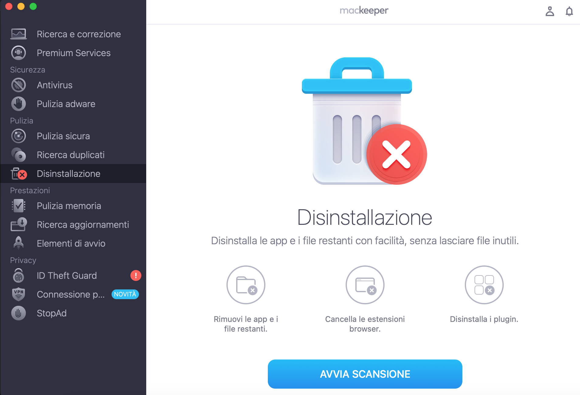 Disinstallazione di MacKeeper su Mac. Puoi usarlo per disinstallare le app Mac e tutti i file associati in pochi clic.