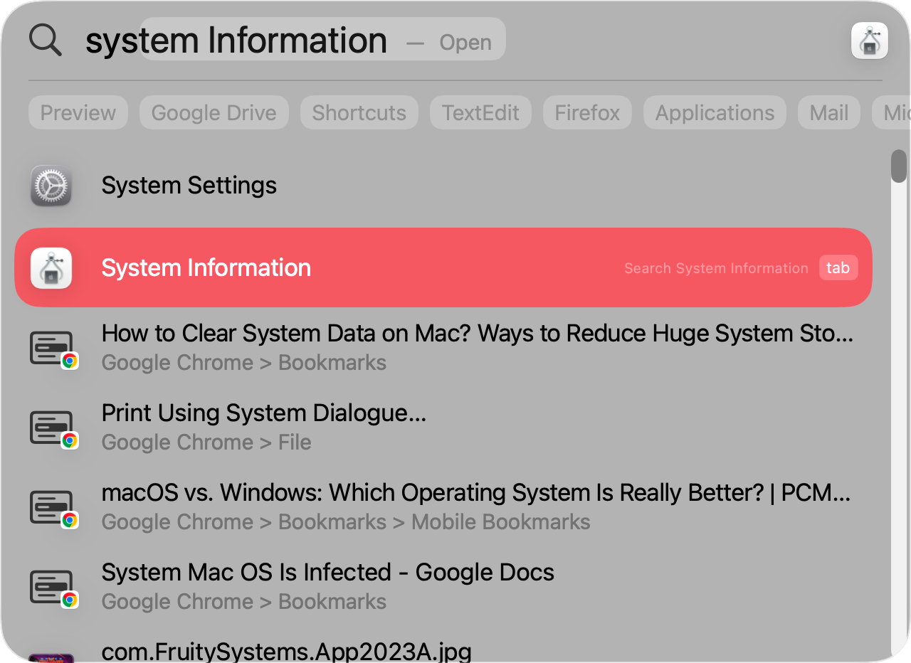If you'd like to open System Information, simply search for it using your Mac's Spotlight feature. You can open Spotlight by pressing Command and Spacebar.