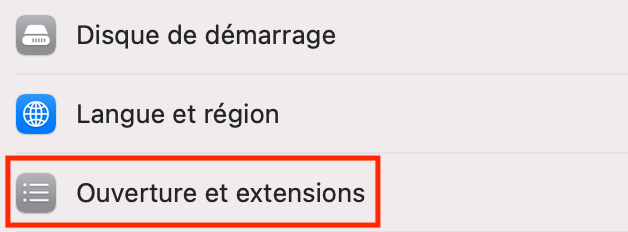 Vérifiez vos éléments d’ouverture pour savoir quelles applications sont susceptibles d’observer votre écran après le démarrage de votre Mac. Pour ce faire, allez dans le menu Pomme > Réglages Système et sélectionnez Général > Ouverture et extensions.